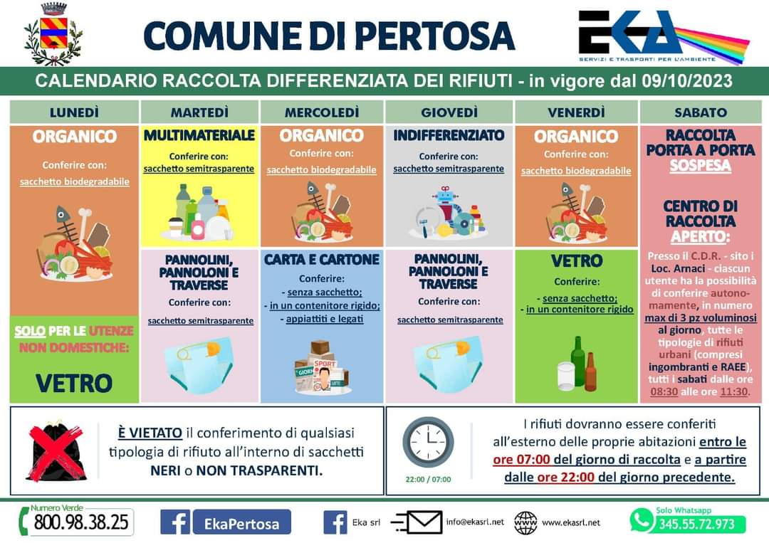 NUOVO CALENDARIO DI RACCOLTA RIFIUTI e guida alla corretta differenziazione, gestito dalla società Eka - Servizi e Trasporti per l'ambiente.